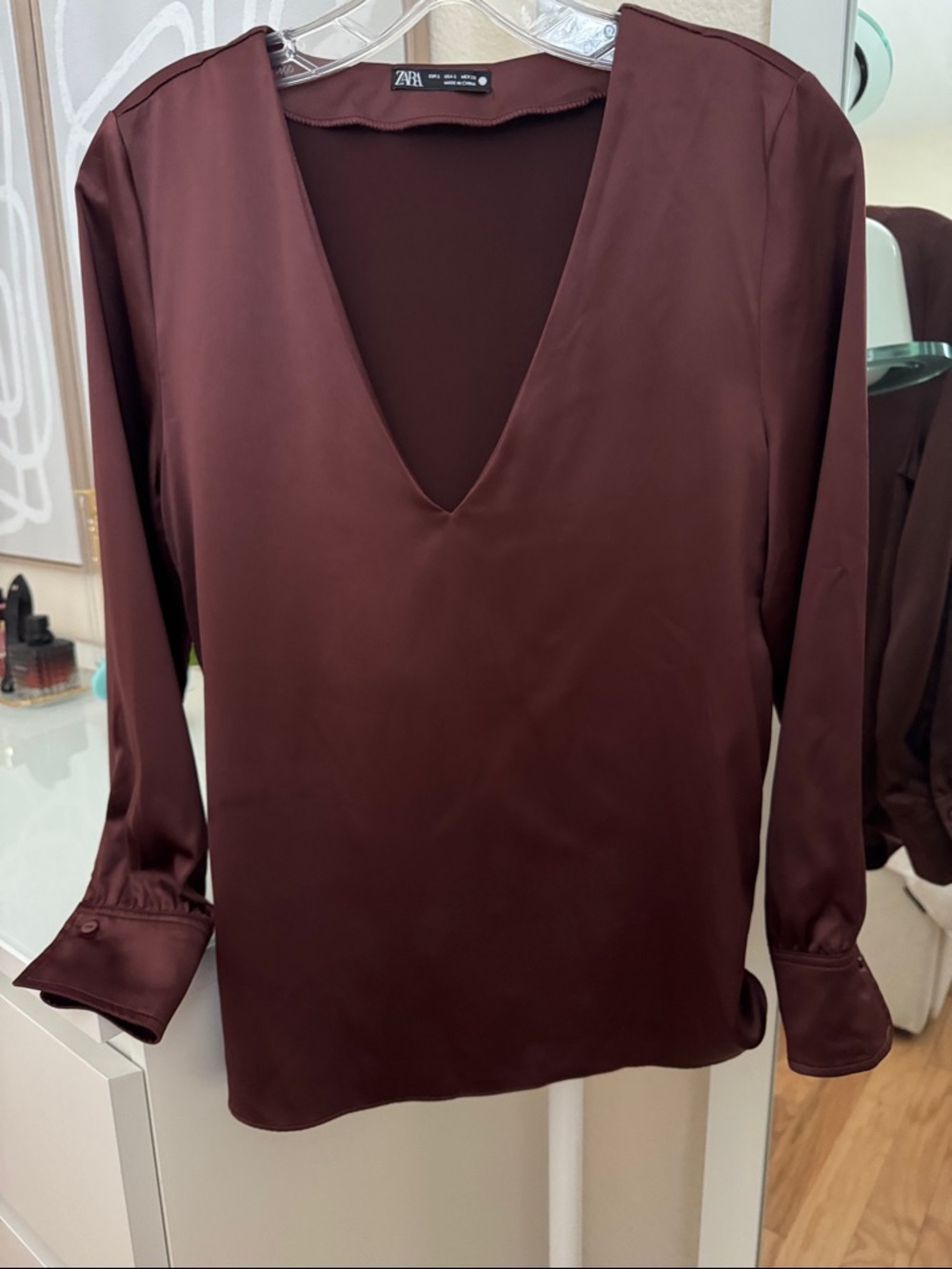 ZARA Satin V-Neck Blouse in Deep Wine